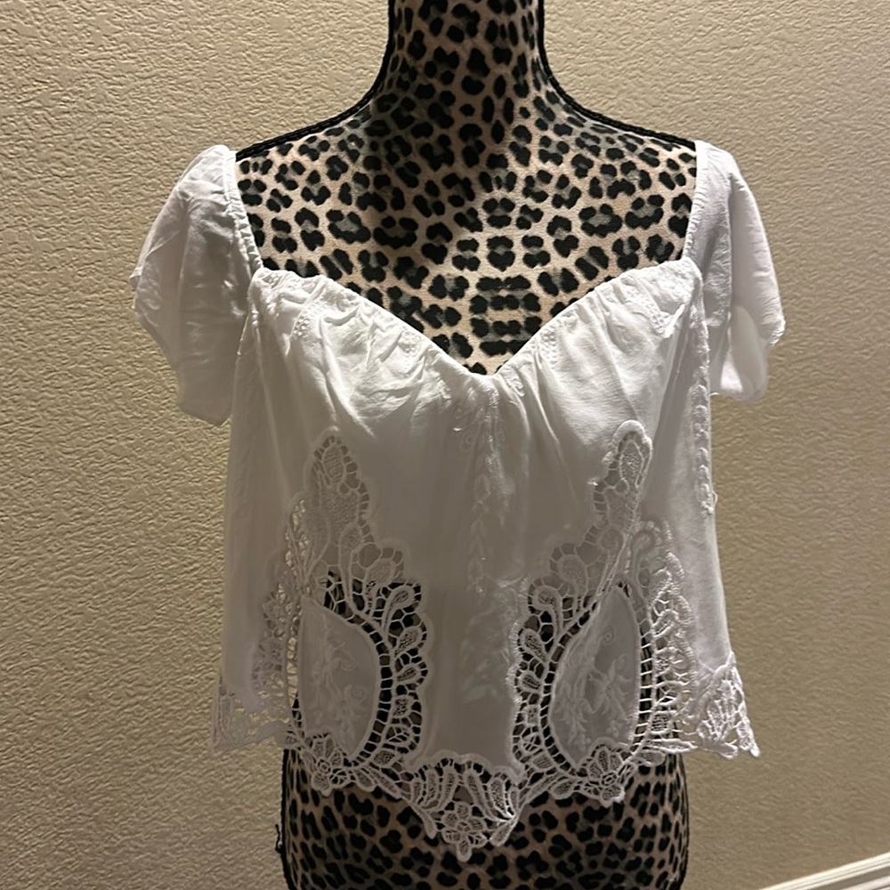 Bebe white top, crochet detail, size M